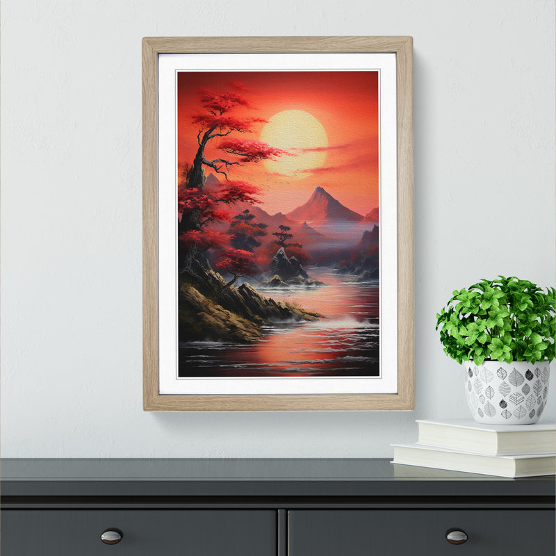 Japanese Sunset Action Painting - Framed Print, Oak Framed, 64cm H x 46cm W x 2cm D
