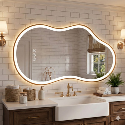 Irregular Aluminum Framed Anti-Fog 3-Colors Dimmable LED Light Wall Bathroom Vanity Mirror with Memory