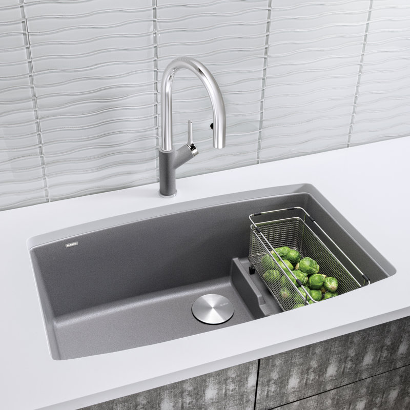 Performa Cascade SILGRANIT 32" Single Bowl Undermount Kitchen Sink with Colander - Volcano Gray, Metallic Gray