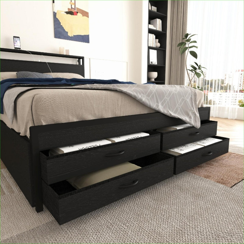 Lit plateforme en métal noir foncé avec tête de lit à DEL, tiroirs de rangement, aucun sommier requis