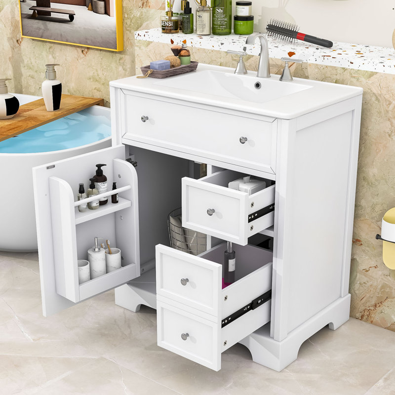 Meuble-lavabo moderne de 30 pouces avec lavabo en céramique et beaucoup de rangement, Blanc