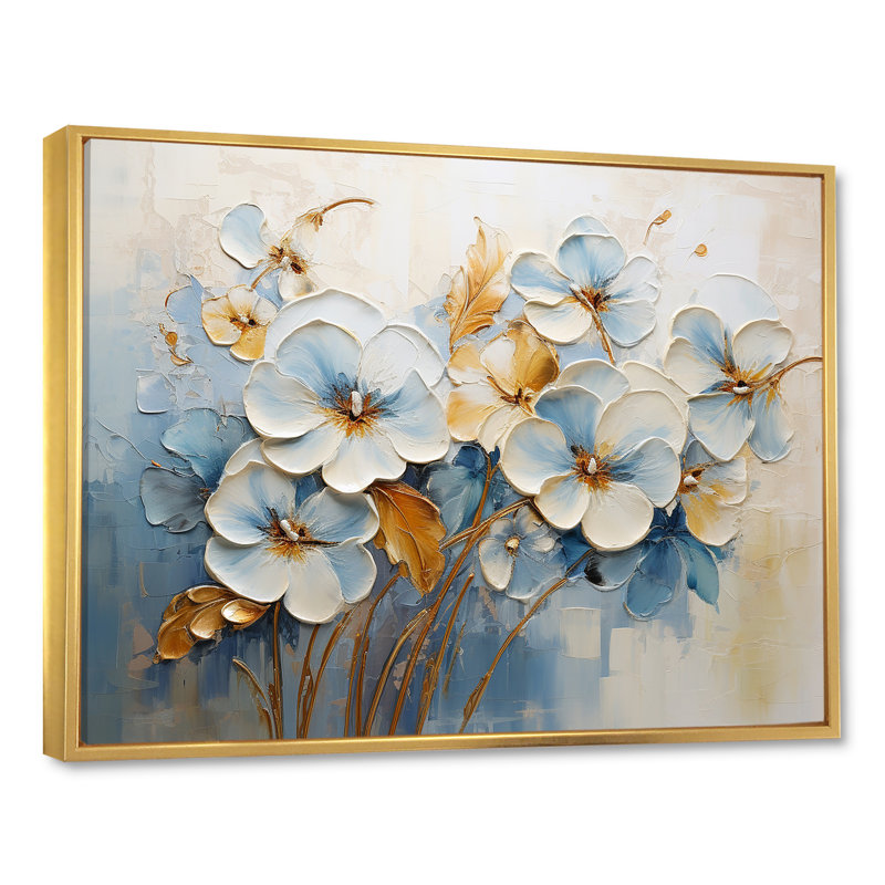«White and Blue Pansies Garden I», reproduction sur toile, Cadre flottant doré, H 24 po x l 32 po x P 1 po