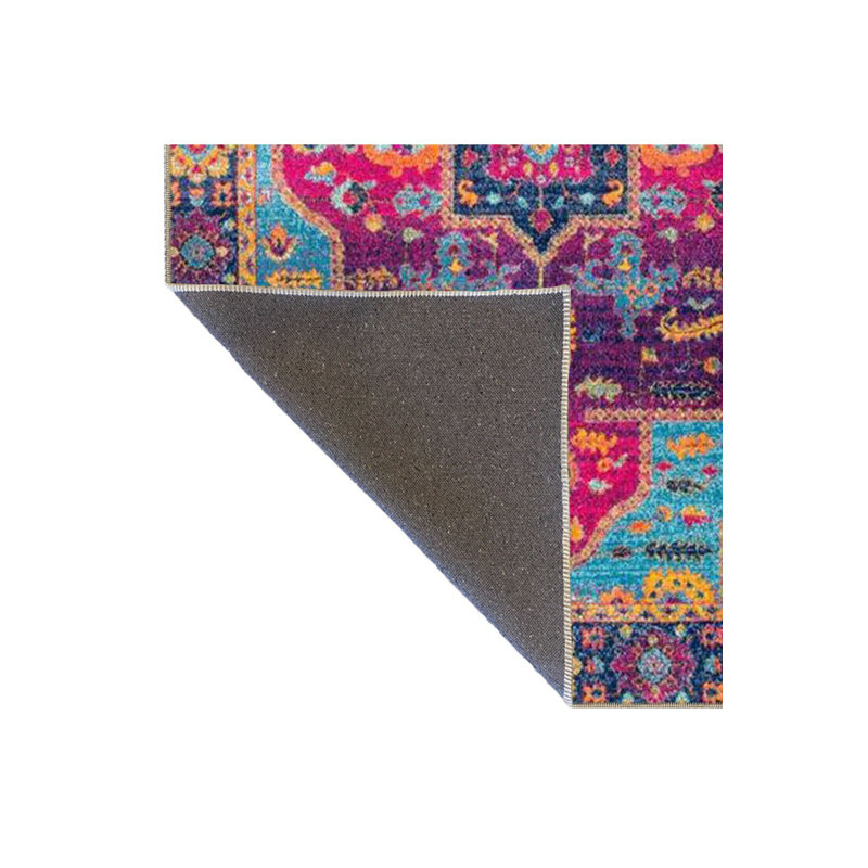 Tapis décoratif bleu et rose à motif traditionnel lavable à la machine, Rectangle 5 pi 1 po x 7 pi 7 po