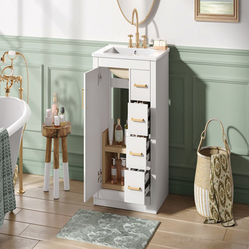 Meuble-lavabo 24 po avec lavabo intégré en céramique, meuble-lavabo simple avec 1 porte et 3 tiroirs pour salle de bain petite et moyenne, blanc