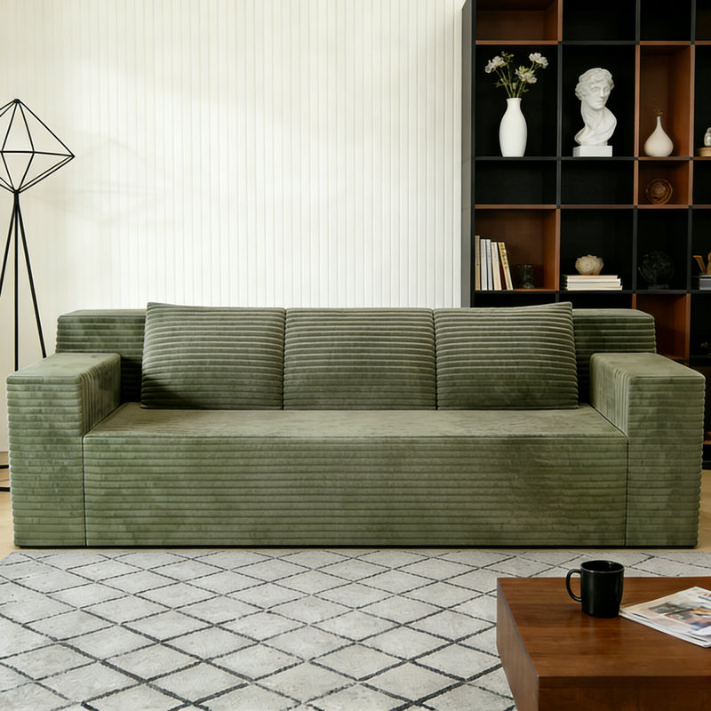 Canapés confortables en velours côtelé, vert antique, design moderne pour maison et appartement