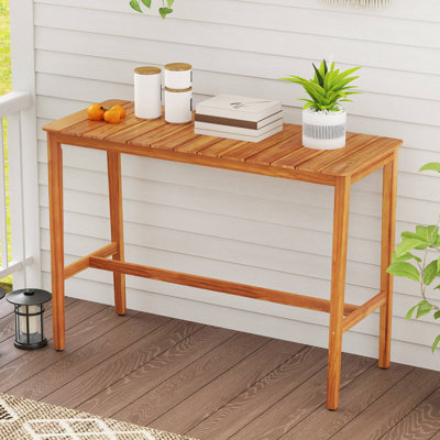 54" X 22" Acacia Wood Counter Height Table With Slatted Tabletop Footrest Crossbar