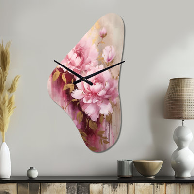 Rose et or pivoines dans l'éclat - horloge murale asymétrique en métal pivoines, horloge murale de forme unique traditionnelle