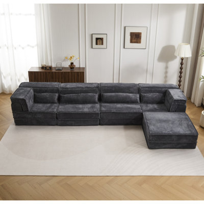 Canapé à compression, canapé convertible au sol, canapé modulaire désossé bricolage, aucun assemblage requis, tissu polaire circulaire, surdimensionné à 4 places avec 1 repose-pieds, gris foncé