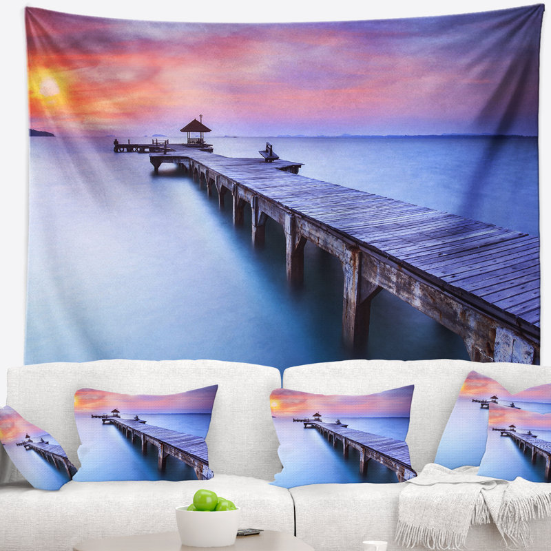 Seascape mauve et tapisserie de pilier en bois long, H 50 po x l 60 po