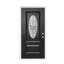 Porte d'entrée avant en fibre de verre 36 po x 80 po avec verre décoratif ovale, cadre en PVC blanc 4-9 / 16 po et moulure de brique, démontable, ouverture à gauche, noir-134384164-134384165