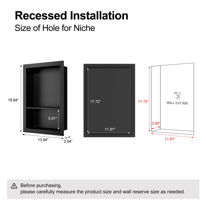 Wall Niche Double Shelf Recessed Metal Cabinet, Matte Black, No, 19.8" H x 13.9" W x 3.9" D