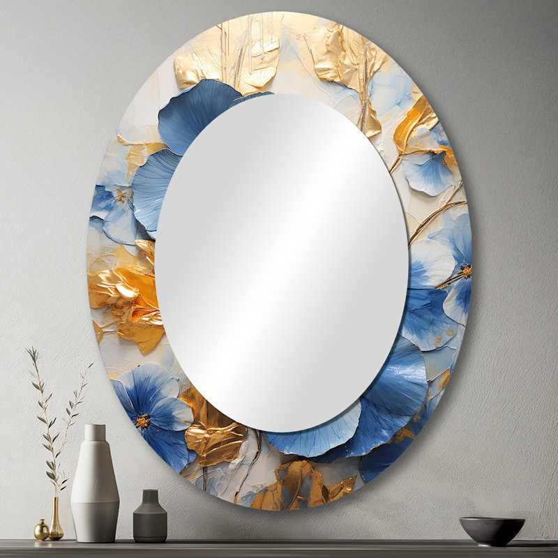 Miroir mural ovale bleu et doré, H 43 po x l 33 po