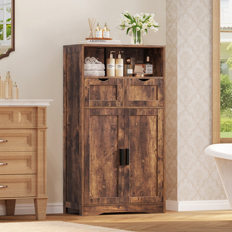 Millwood Pines Large Storage Cabinet,Bathroom Storage Cabinet With 2 Adjustable Drawers & 2 Shelf, Rustic Brown