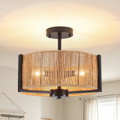 3‑Light Dimmable Bohemian Rattan Drum Semi‑Flush Mount Farmhouse Round Lighting Fixture