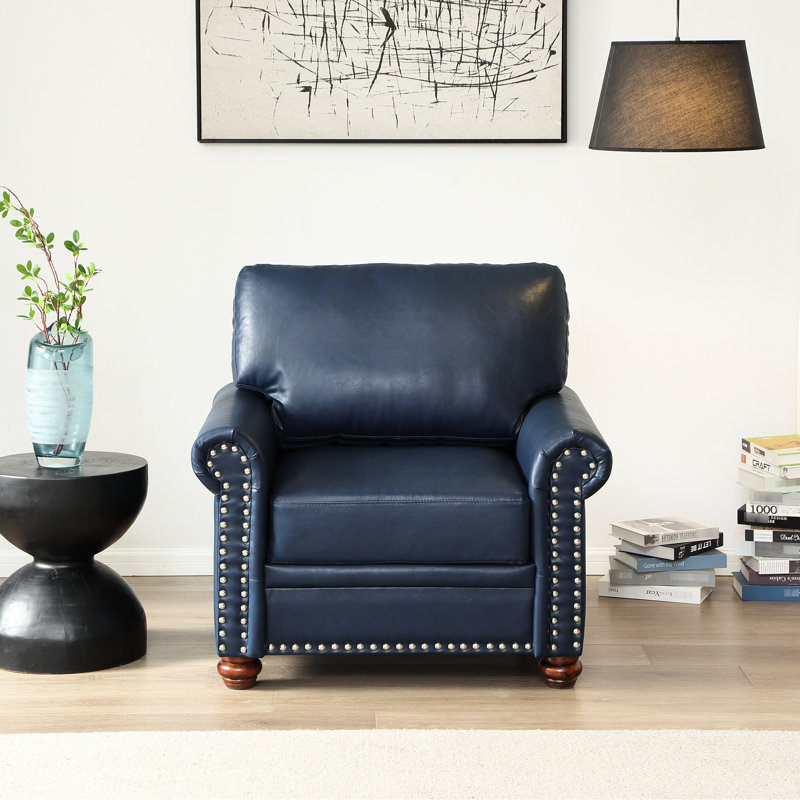 Fauteuil confortable bleu marine avec base en bois massif et fauteuil en similicuir, pieds pour le salon