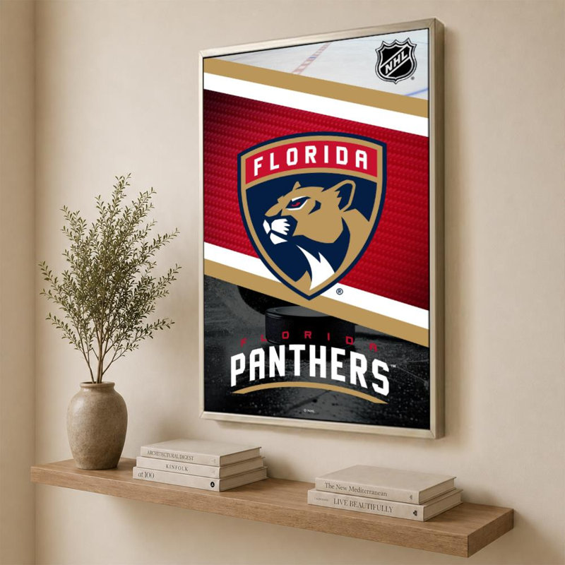 Décoration murale des Panthers de la Floride (LNH), H 60 po x l 40 po, Cadre plat flottant, Champagne