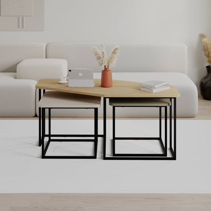 Bukurie Frame Nesting Coffee Table Set, Sapphire Oak/SandStone/Ash Green