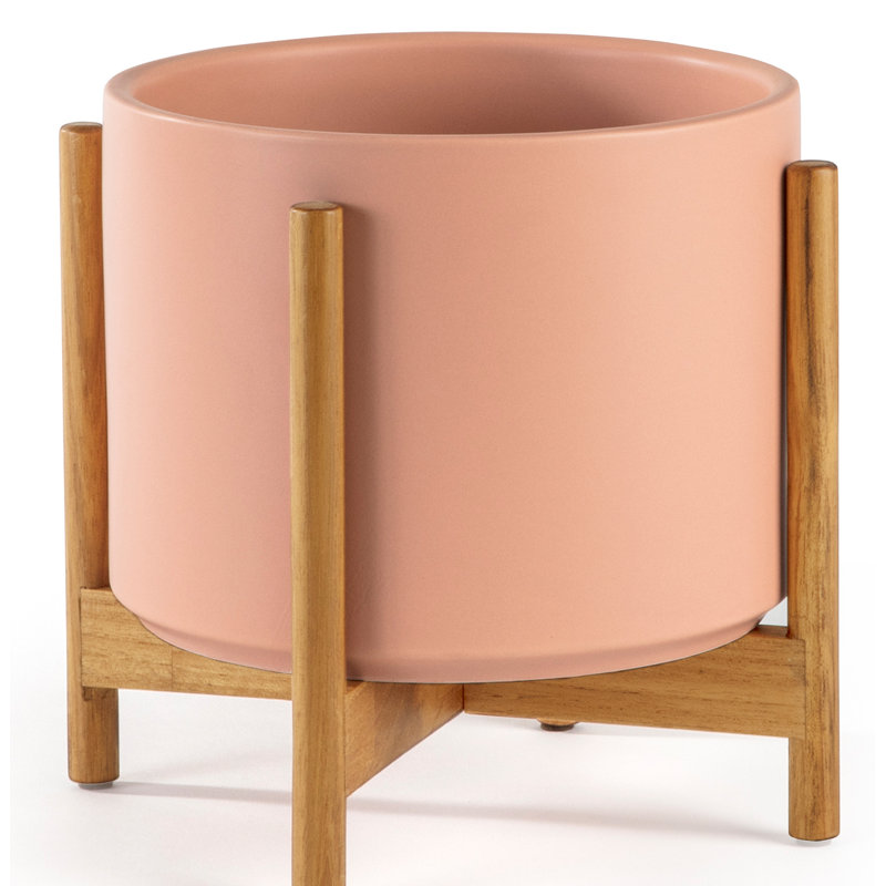 Riverside Handmade Ceramic Pot Planter, Peachy Cotta/Teak, 8.7" H x 9.5" W x 9.5" D