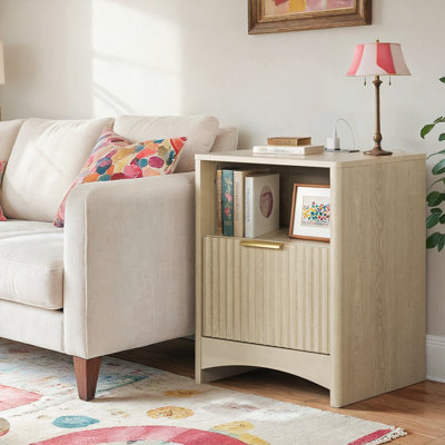 Modern Fluted Nightstand with Built-In Charging Station, 3-Tier Storage & Drawer, Compact Bedside Table for Bedroom, Living Room, or Entryway