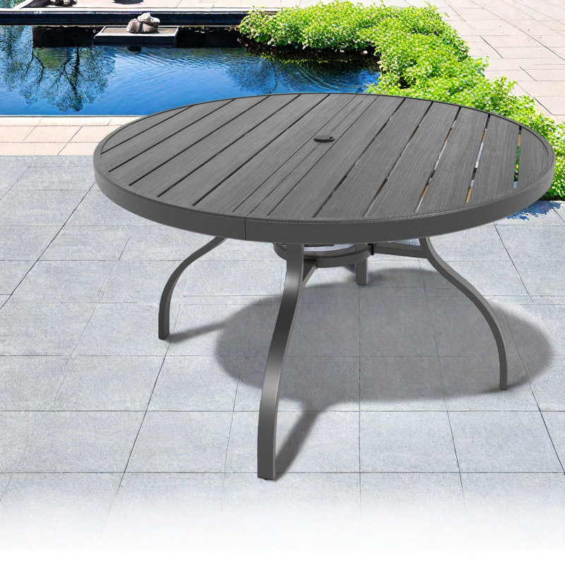 Tables de patio modernes en pouces, table de salle à manger ronde en faux bois et métal