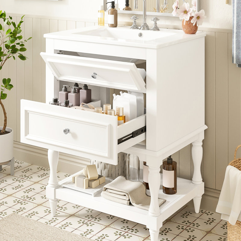 Meuble-lavabo de 24 po avec lavabo en céramique, rangement rétro à 2 tiroirs, tablette ouverte, tablette et tiroirs à finition ultrabrillante