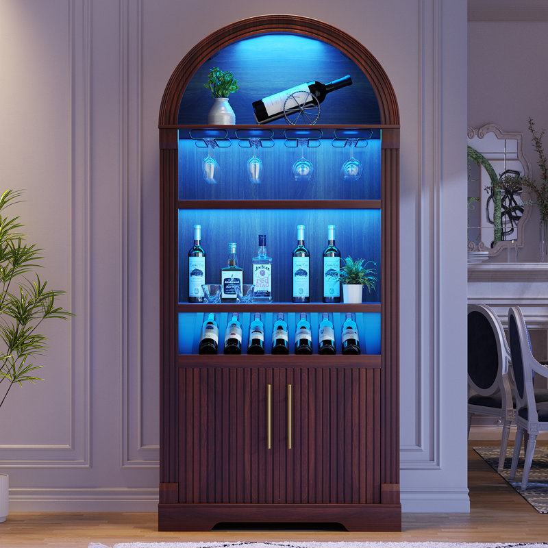 180cm H Freestanding Arch Wine Cabinets with Wine Glass Holder and Wine Rack, Bar Liquor Cabinets with Led Light & Motion Sensor