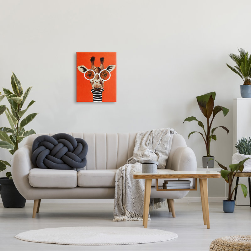 Au-919-Toile, girafe audacieuse et verres sur toile par Coco De Paris, peinture, H 20 po x l 16 po x P 1,5 po