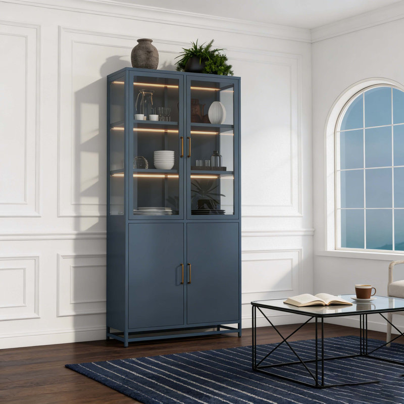 76.75'' Tall Display Cabinet, with Glass Doors and LED Lights, Steel Curio Cabinet with 3-Sided Glass, Pantry Cabinet with Storage for Hallways, Livingroom Kitchen Home Decor & Office - Dark Blue