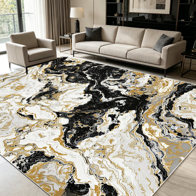 1PC Black Gold Marble Vein area rugs for Living Room, Soft and Comfortable, Suitable for all seasons, easy-to-maintain, machine washable Indoor floor mat, Under Table Farmhouse suitable for dining area, bedroom, kitchen, entryway, home office,