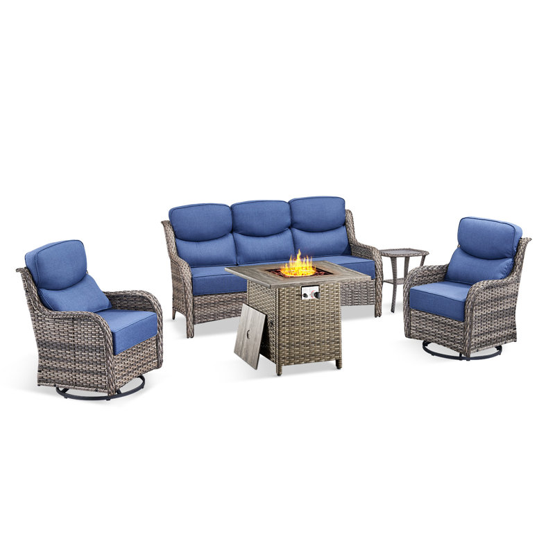 Heritage 5-Piece Outdoor Wicker Patio Conversation Set With Square Fire Pit, Swivel Gliders And 3-Seat Sofa With 6" Thick Cushions