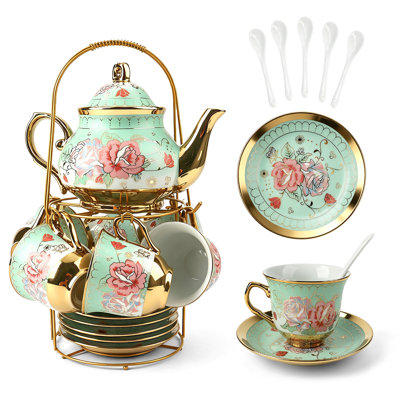 20-Piece European Ceramic Tea Set – 700ml Porcelain Teapot with Gold Electroplated Rim, 6 Coffee Cups & Saucers, Metal Stand & Spoons