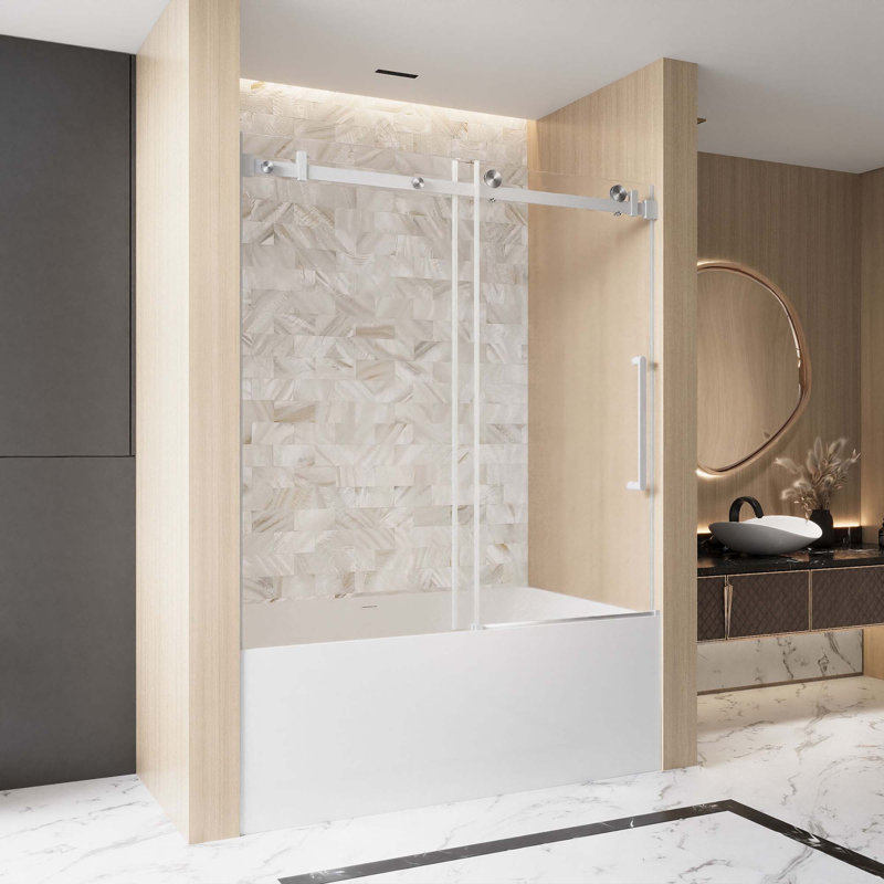 Frameless Single Sliding Shower Door , 1/4 "(6 Mm) Clear Tempered Glass, Explosion Proof Film, Stainless Steel Handle Square Tube Track