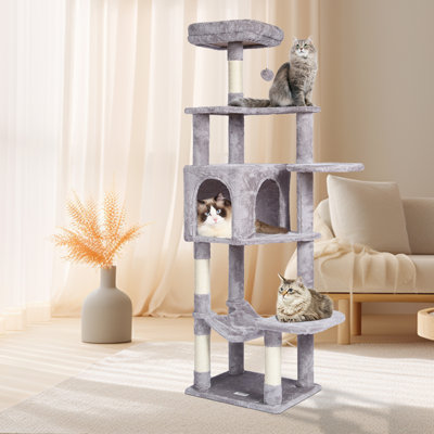 Cat Tree for Indoor Cats, 60.6" Cat Tower with Cat Condo, Sisal Scratching Post, Hammock, Top Perch, Jumping Platforms, Large Cat Furniture Activity Center with Hang Ball, Light Grey