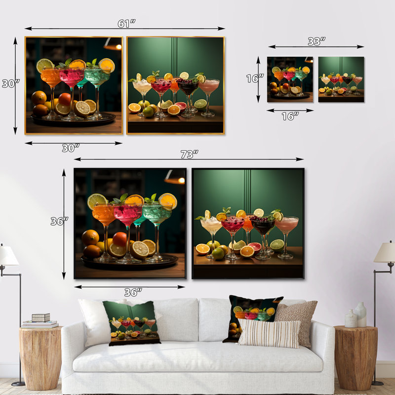 Whimsical Libations - Ensemble de 2 collages carrés cocktail, Cadre flottant noir, H 16 po x l 33 po