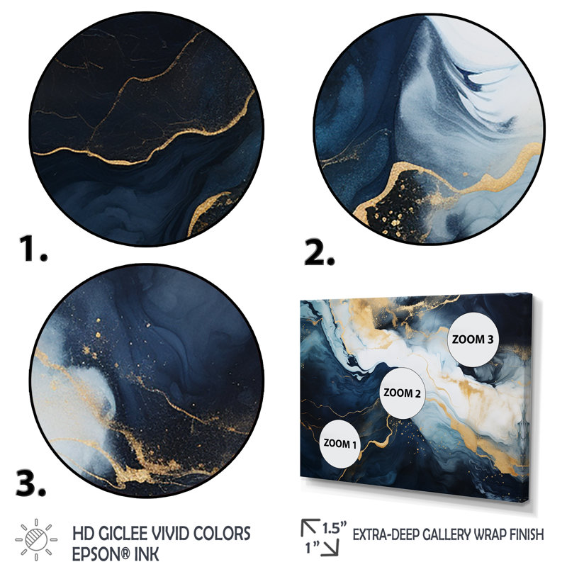 Or et bleu, peinture abstraite sur marbre IV - Art mural abstrait en marbre, Cadre flottant doré, H 16 po x l 32 po x P 1 po
