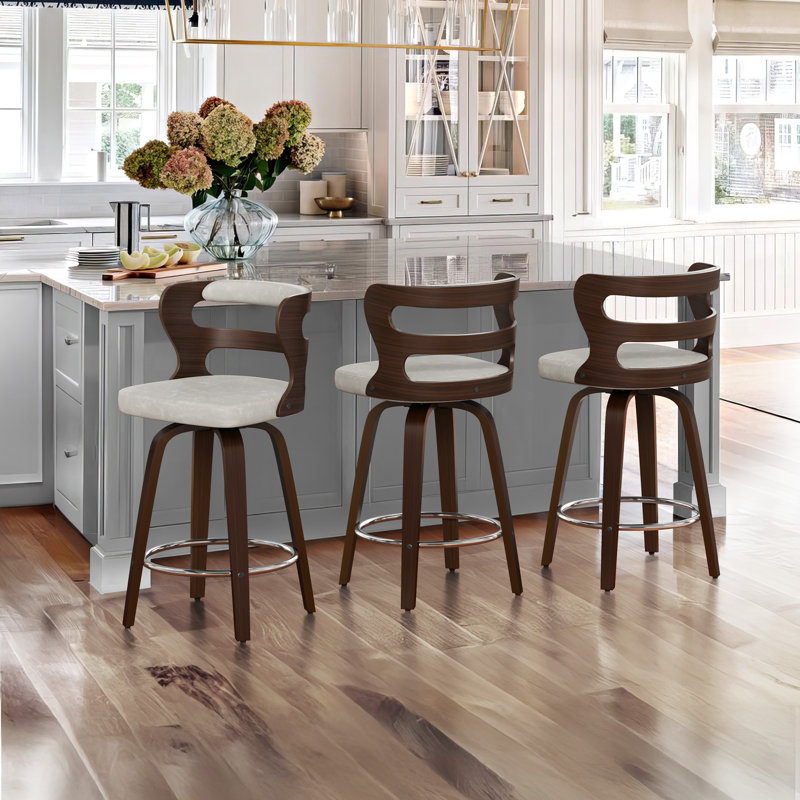 Mundrae Swivel Solid and Manufactured Wood Barstool (Set of 3) , Light Beige/Deep Walnut
