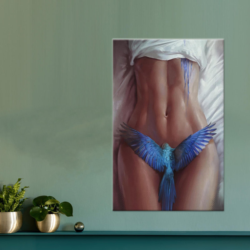 Impression sur toile - Décoration murale fille nue avec oiseau bleu, toile tendue 1P, H: 98,4 po x l: 43,3 po