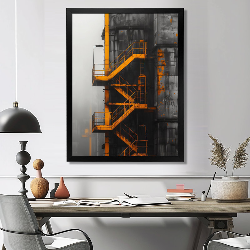 Jaune jaune gris, usine photo II - usines, art mural, salon, Toile encadrée noire simple, H 44 po x l 34 po x P 1,5 po