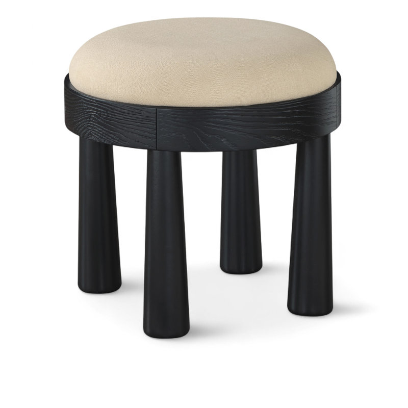 Repose-pieds rembourré Larea, Tissu beige texturé en lin, Teinte noire