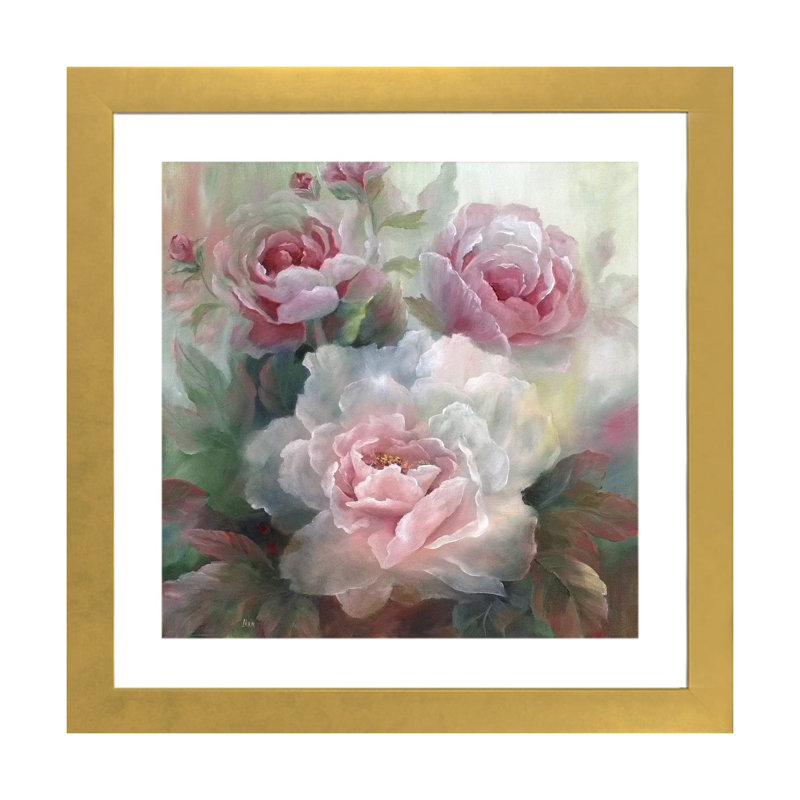 «Roses», reproduction sur toile à cadre flottant, H 16 po x l 16 po x P 1 po, Papier doré avec cadre doré
