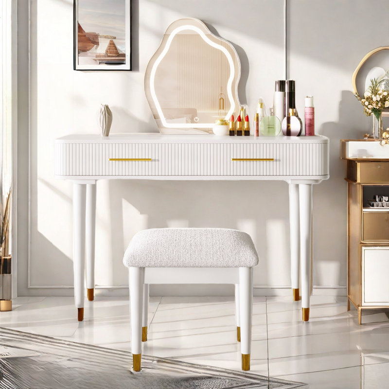 Modern Vanity Table Set With Touch Screen Lighted Mirror, Dressing Table And A Cushioned Stool