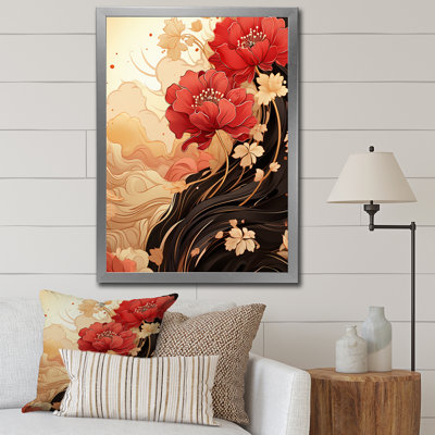 " Red Chrysanthemums On Branch Japanese Retro I "