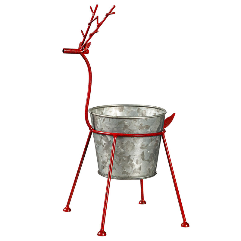 Holiday Reindeer Metal Frame with Galvanized Pot, Red_x000D_, Red/Sliver
