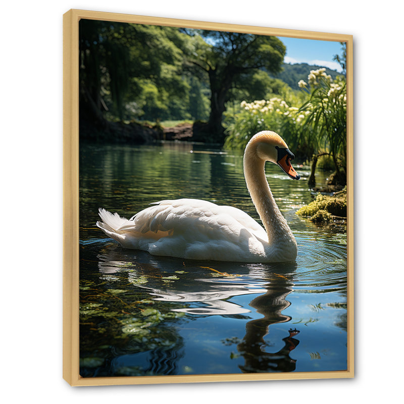 Cygne refuge dans un lac tropical - décoration murale animaux cygnes, Cadre naturel flottant, H 32 po x l 24 po