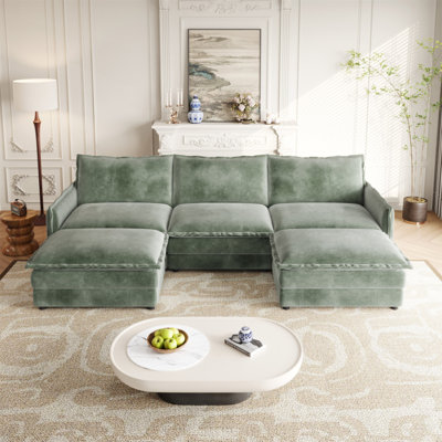 Corduroy Fabric 3-Seater Comfy Cloud Couch With 2 Movable Footrest For Living Room,Oversized Deep Seat U Shaped Couch Set, Upholstered Large Size Deep Seat 2-Seat Sofa With 3 Cushions