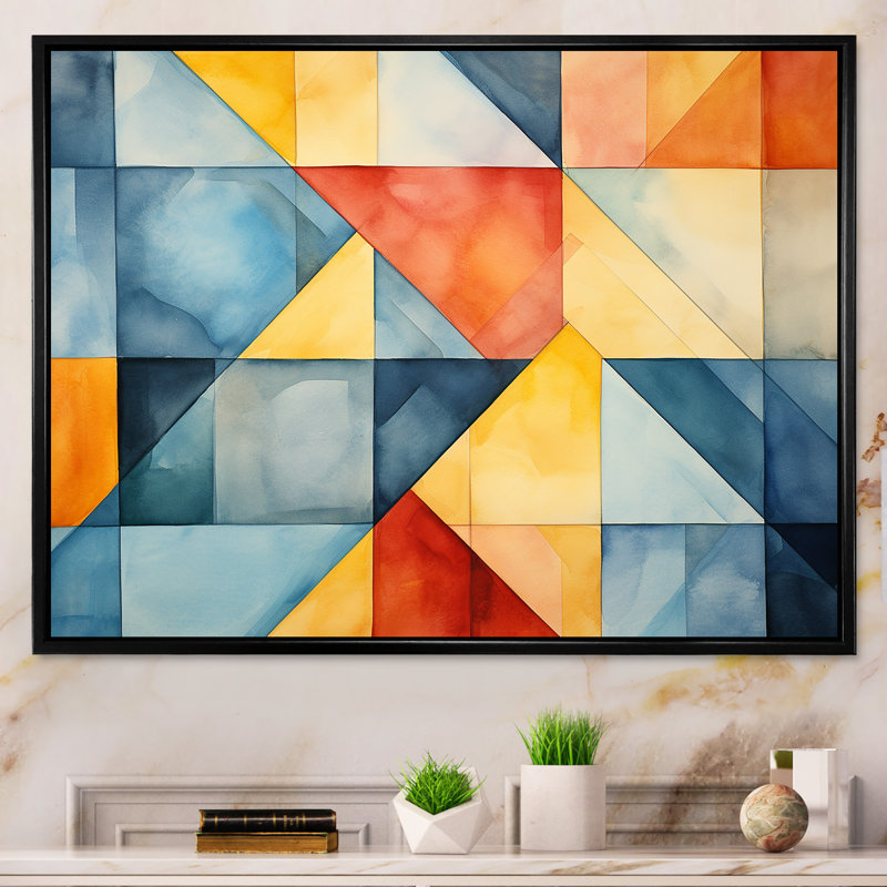 Mid-Century pastel couleur cubes III - art mural géométrique, Cadre flottant noir, H 16 po x l 32 po x P 1 po
