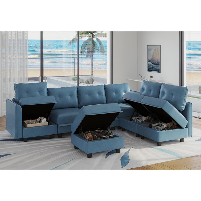 Breseis Upholstered L-Shaped Sectional Reversible, Sky Blue Faux Leather