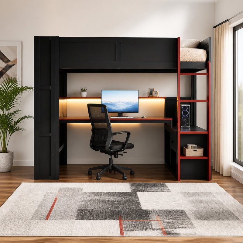 Lit mezzanine de jeu en bois (taille standard) avec bureau, étagères de rangement multiples, éclairage DEL et station de recharge, noir et rouge