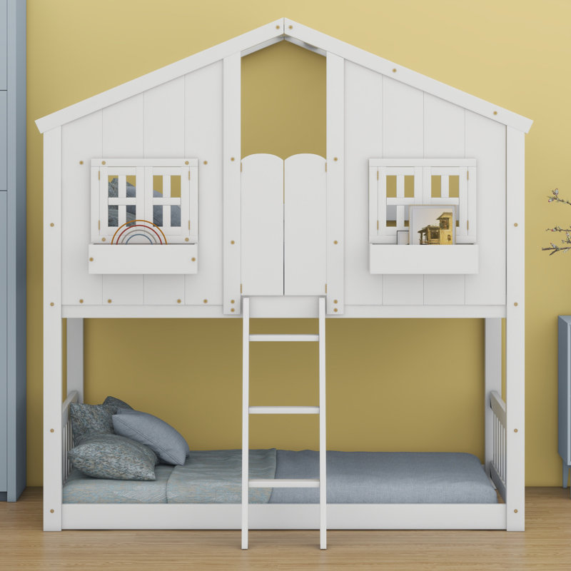 Lit superposé House avec toit, fenêtre, boîte de fenêtre, porte, avec barrières de sécurité et échelle, Blanc