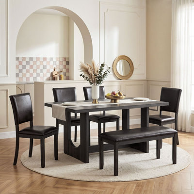 Six Piece Dining Table Set with Upholstered Chairs and Bench
